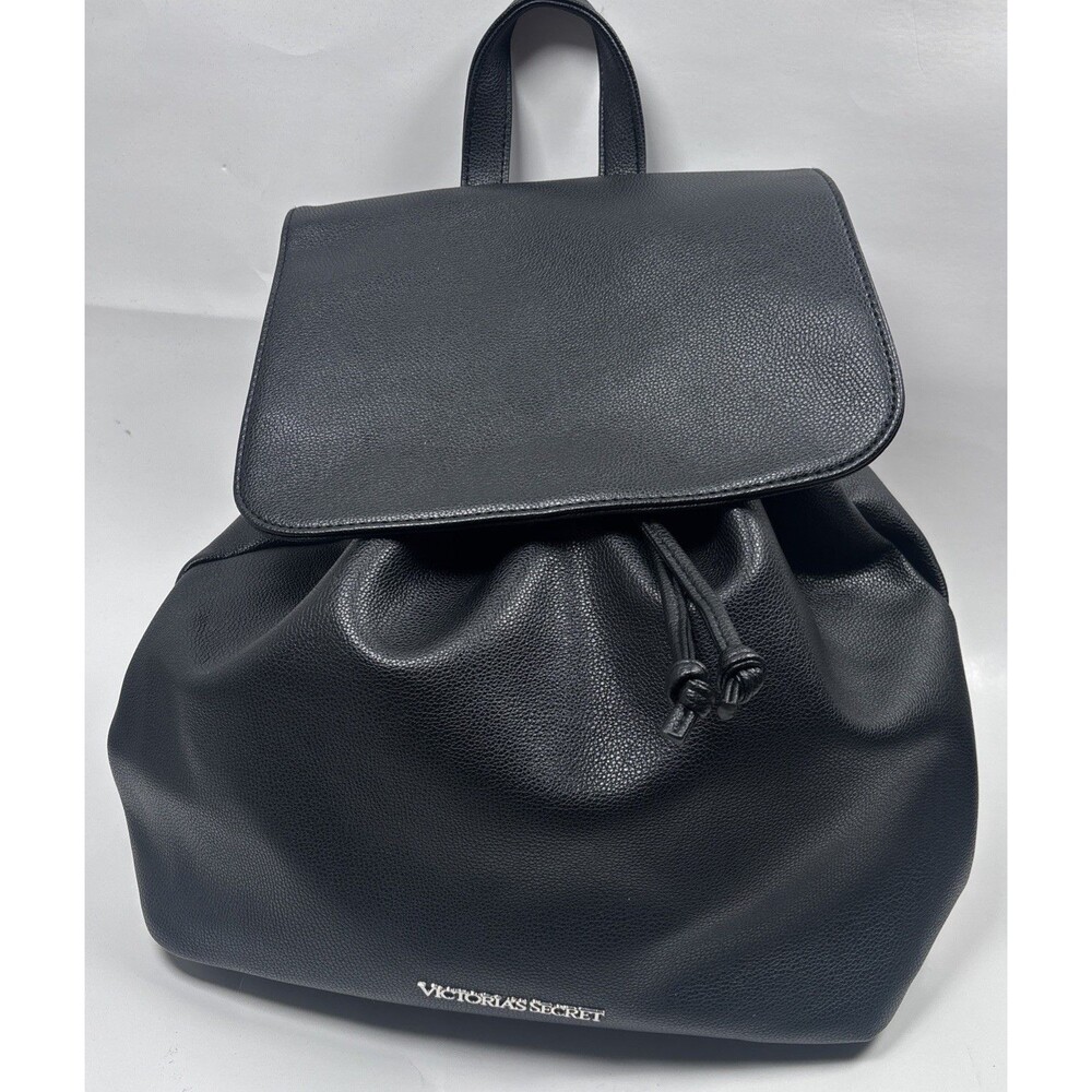 Victoria's Secret Backpack Purse Tote Black Faux Leather Drawstring 14"